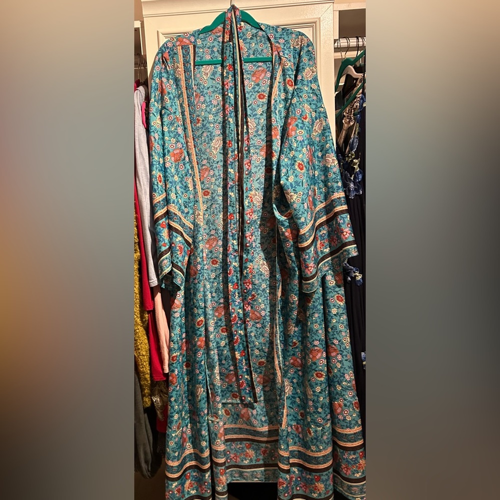 Teal Floral Kimono Robe with Tie Belt